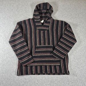 Frank's Baja Hoodie Mens L Black Striped Mexican Drug Rug Pullover Sweater